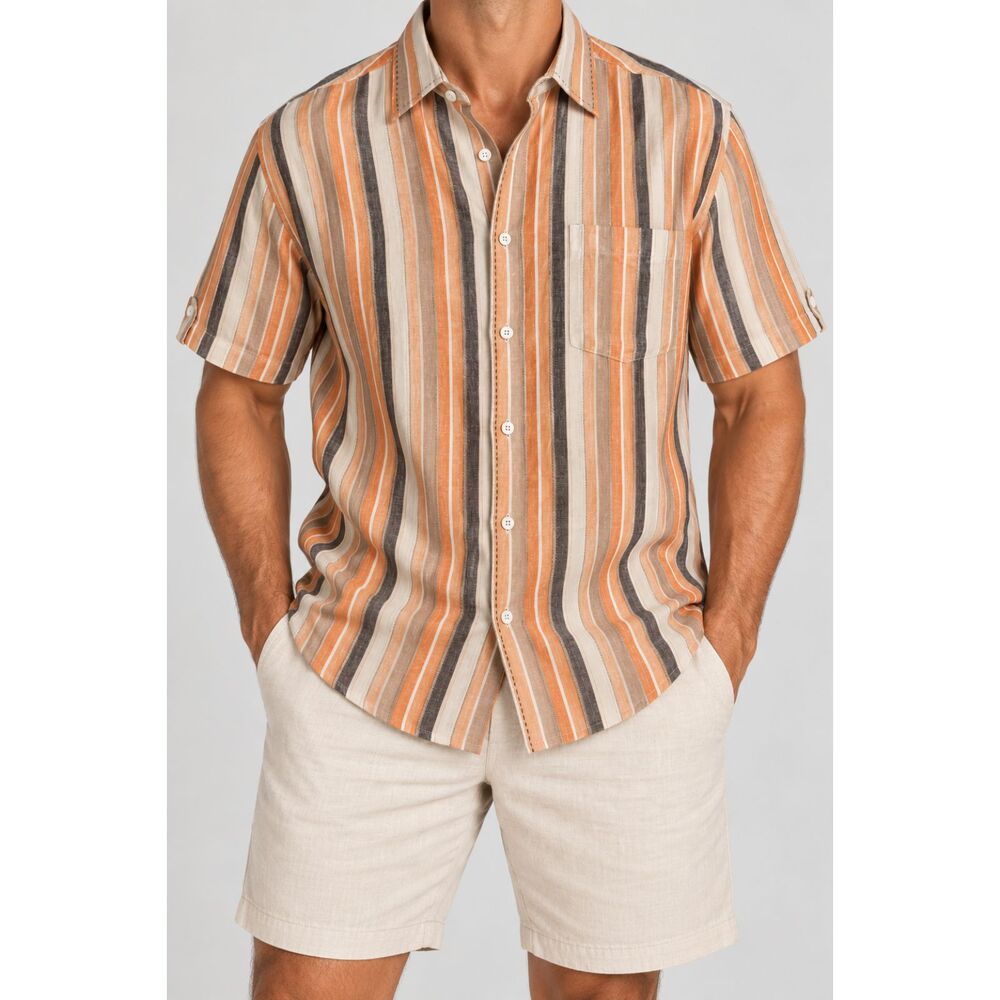 Cubavera Men’s L Linen Rayon Shirt Orange Brown Stripe Short Sleeve Button Up